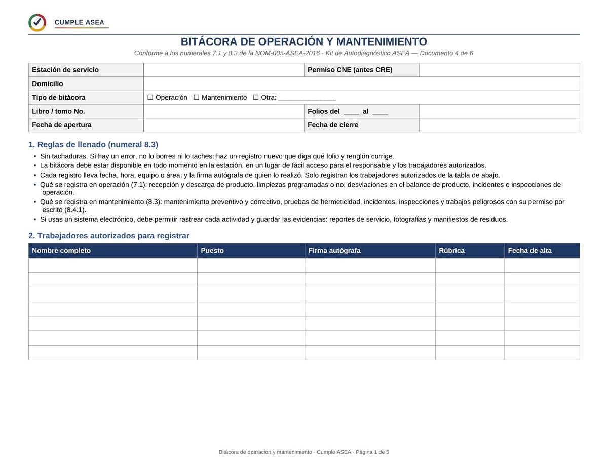 Formato de bitácora de operación y mantenimiento foliada