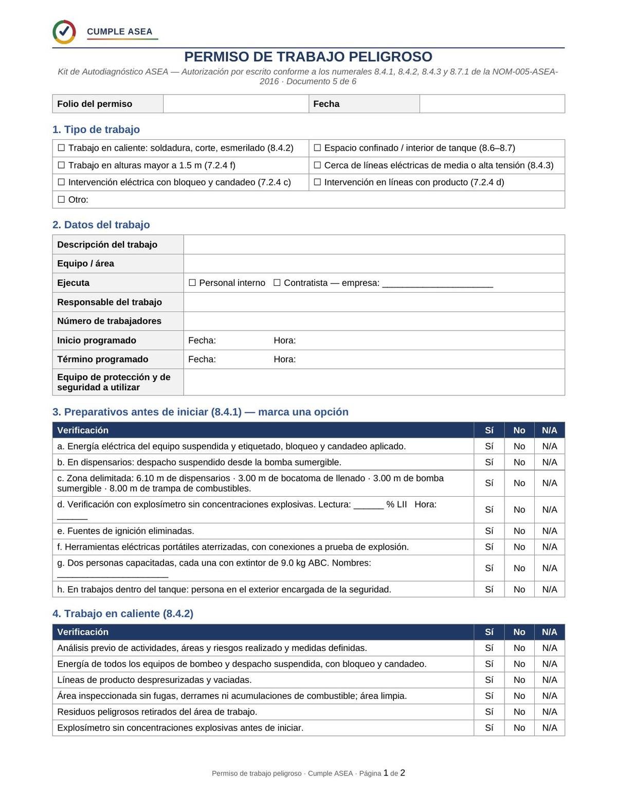 Formato de permiso de trabajo peligroso con sus verificaciones previas