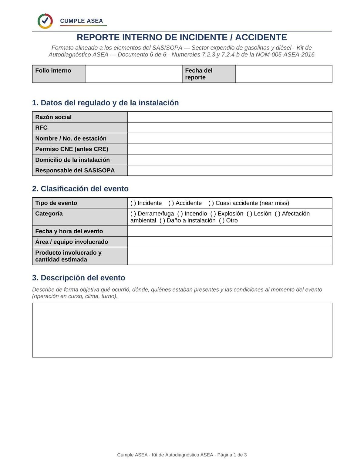 Formato de reporte interno de incidentes y accidentes